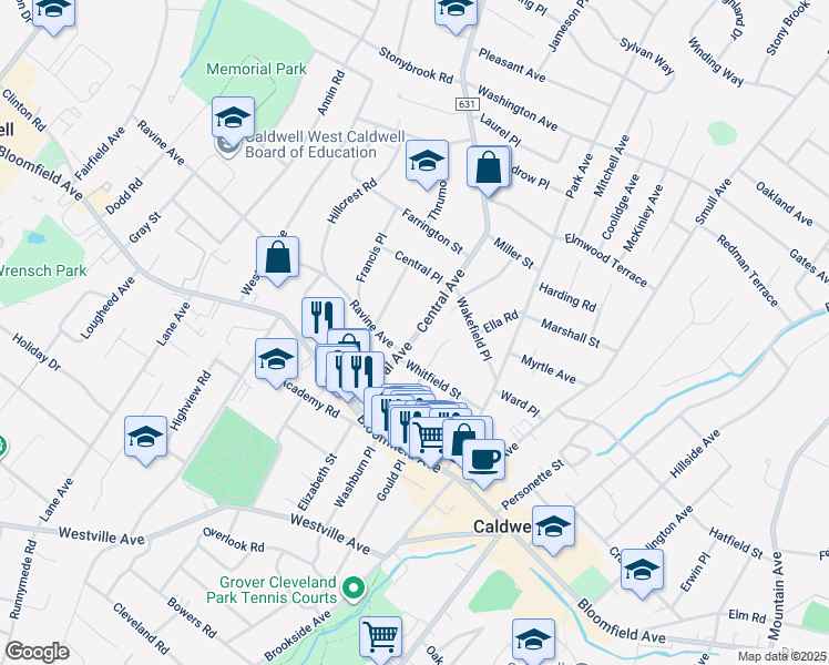 map of restaurants, bars, coffee shops, grocery stores, and more near 43 Central Avenue in Caldwell