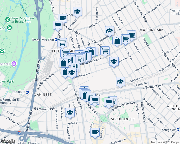 map of restaurants, bars, coffee shops, grocery stores, and more near 791 Van Nest Avenue in The Bronx