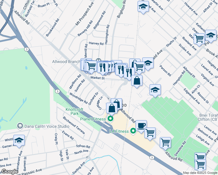 map of restaurants, bars, coffee shops, grocery stores, and more near 1 Meadow Court in Clifton