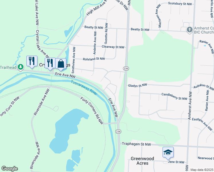 map of restaurants, bars, coffee shops, grocery stores, and more near 4350 Forest Glen Avenue Northwest in Massillon