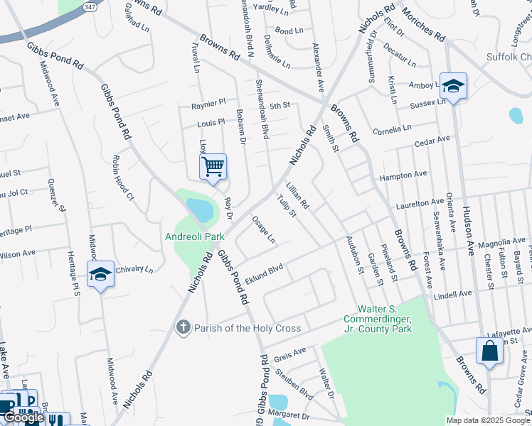map of restaurants, bars, coffee shops, grocery stores, and more near 141A Nichols Road in Nesconset