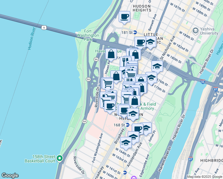 map of restaurants, bars, coffee shops, grocery stores, and more near 118 Haven Avenue in New York