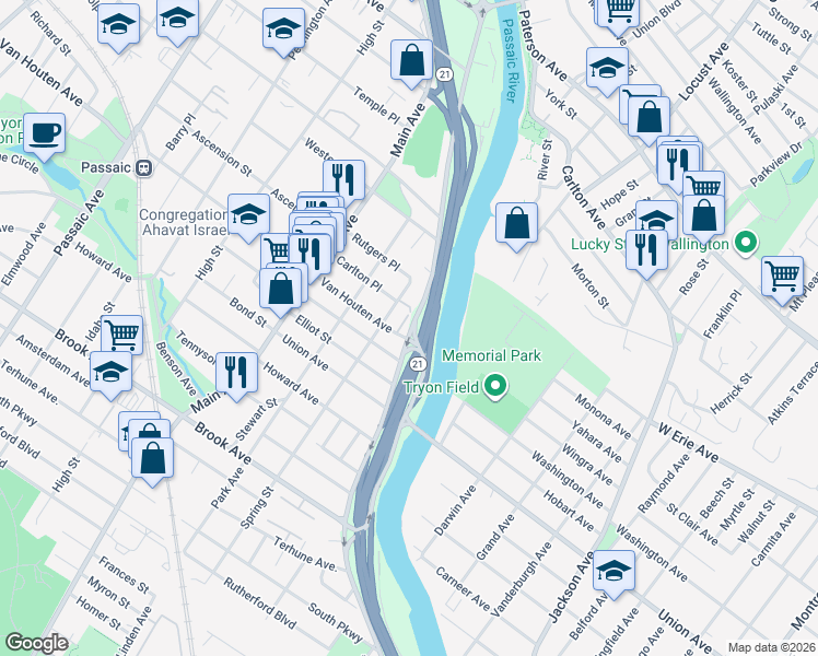 map of restaurants, bars, coffee shops, grocery stores, and more near 41 Spring Street in Passaic