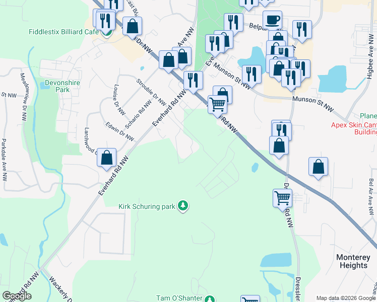 map of restaurants, bars, coffee shops, grocery stores, and more near 5188 Everhard Road Northwest in Canton