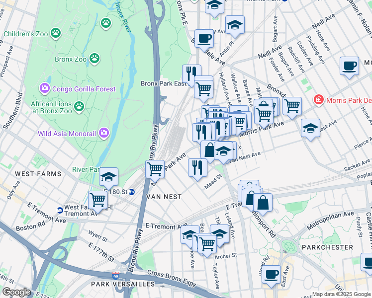 map of restaurants, bars, coffee shops, grocery stores, and more near 1821 Unionport Road in Bronx