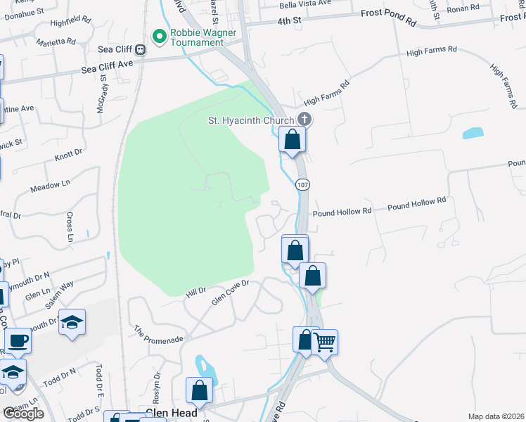 map of restaurants, bars, coffee shops, grocery stores, and more near 55-199 The Glen in Glen Head