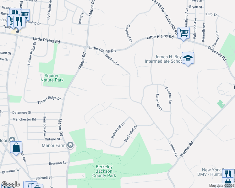 map of restaurants, bars, coffee shops, grocery stores, and more near 3 Wilder Lane in Huntington