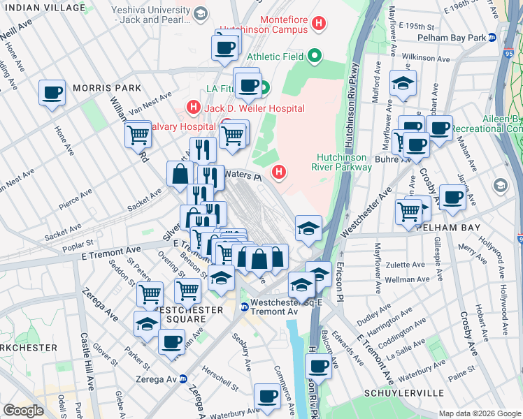 map of restaurants, bars, coffee shops, grocery stores, and more near 1425 Saint Raymond Avenue in The Bronx