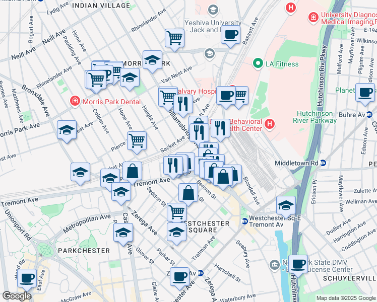 map of restaurants, bars, coffee shops, grocery stores, and more near 2577 Poplar Street in The Bronx
