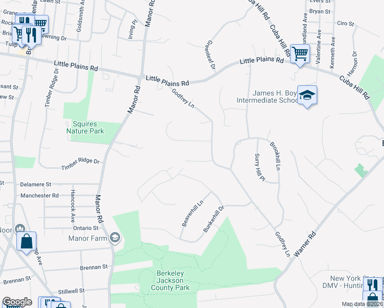 map of restaurants, bars, coffee shops, grocery stores, and more near 3 Wilder Lane in Huntington