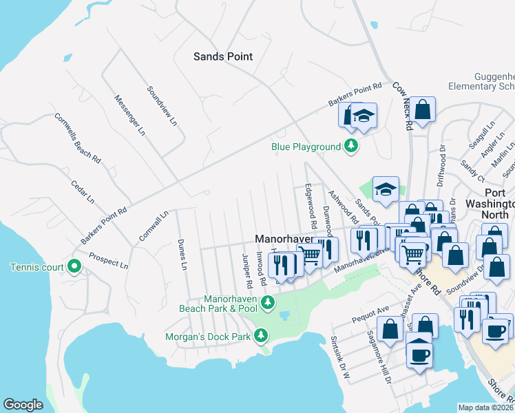 map of restaurants, bars, coffee shops, grocery stores, and more near 74 Hickory Road in Port Washington