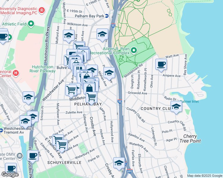 map of restaurants, bars, coffee shops, grocery stores, and more near 3105 Middletown Road in Bronx