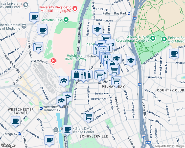 map of restaurants, bars, coffee shops, grocery stores, and more near 1654 Mayflower Avenue in Bronx