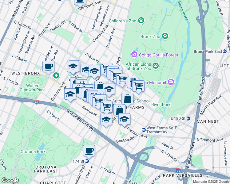 map of restaurants, bars, coffee shops, grocery stores, and more near 2079 Mohegan Avenue in The Bronx