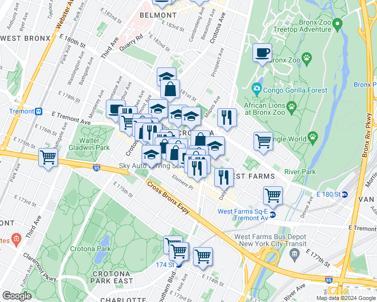 map of restaurants, bars, coffee shops, grocery stores, and more near in Bronx