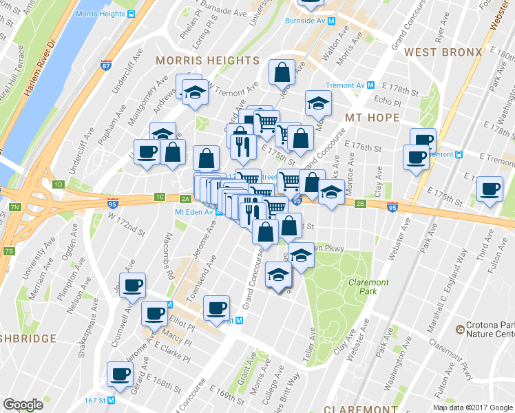 map of restaurants, bars, coffee shops, grocery stores, and more near in The Bronx