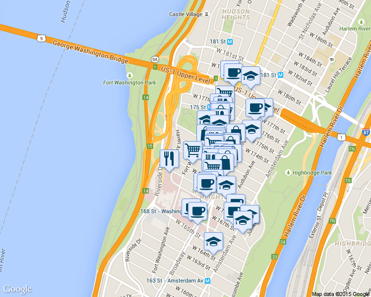 map of restaurants, bars, coffee shops, grocery stores, and more near in New York