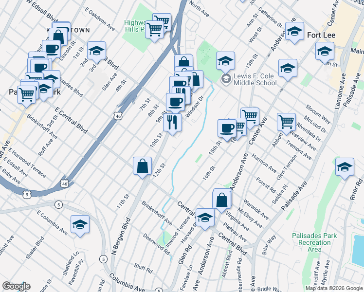 map of restaurants, bars, coffee shops, grocery stores, and more near 800 12th Street in Palisades Park