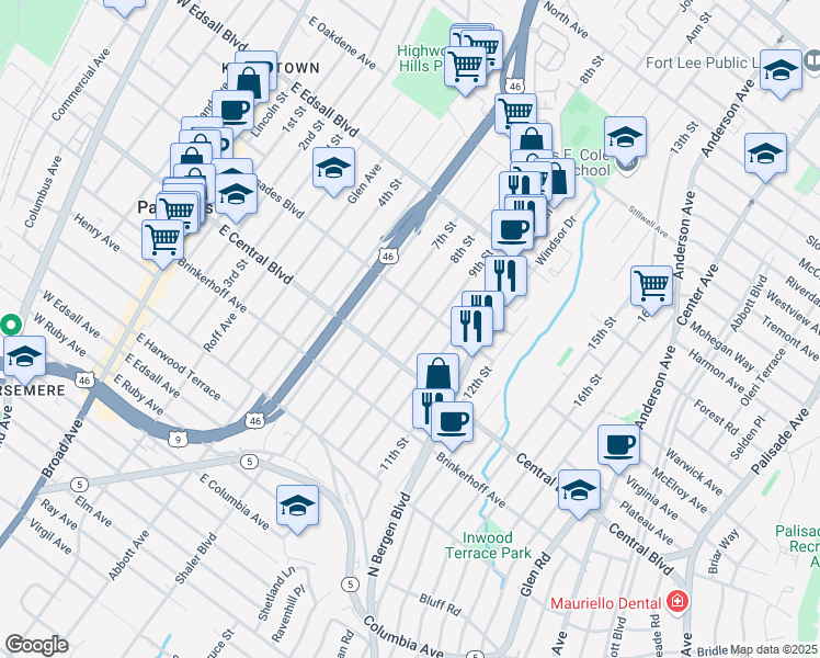 map of restaurants, bars, coffee shops, grocery stores, and more near 332A 8th Street in Palisades Park