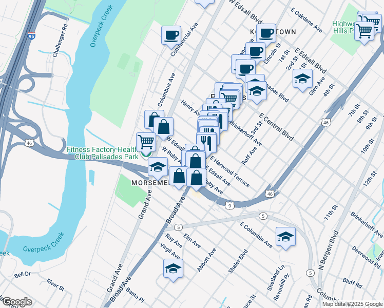 map of restaurants, bars, coffee shops, grocery stores, and more near 16 West Harwood Terrace in Palisades Park