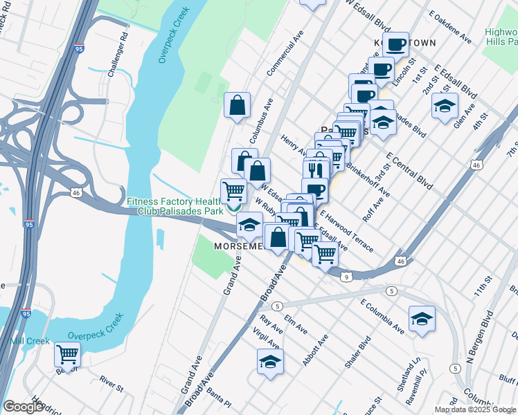map of restaurants, bars, coffee shops, grocery stores, and more near 76 West Ruby Avenue in Palisades Park