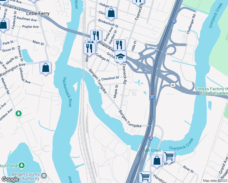 map of restaurants, bars, coffee shops, grocery stores, and more near 15 Oak Street in Ridgefield Park