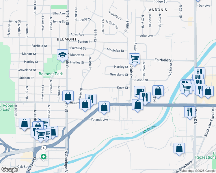map of restaurants, bars, coffee shops, grocery stores, and more near 1822 Knox Street in Lincoln