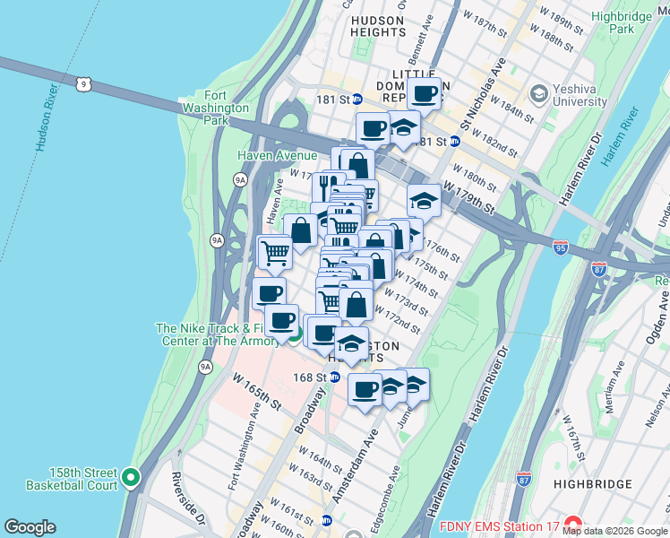 map of restaurants, bars, coffee shops, grocery stores, and more near 636 West 173rd Street in New York