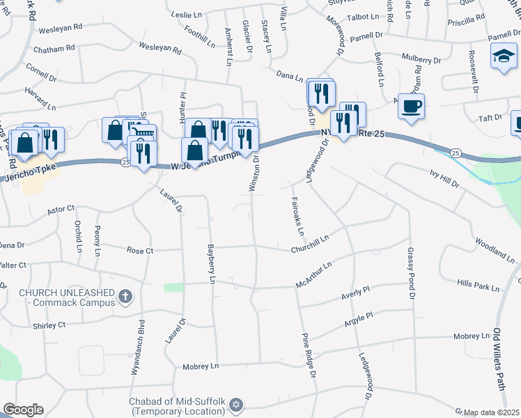 map of restaurants, bars, coffee shops, grocery stores, and more near 21 Winston Drive in Smithtown