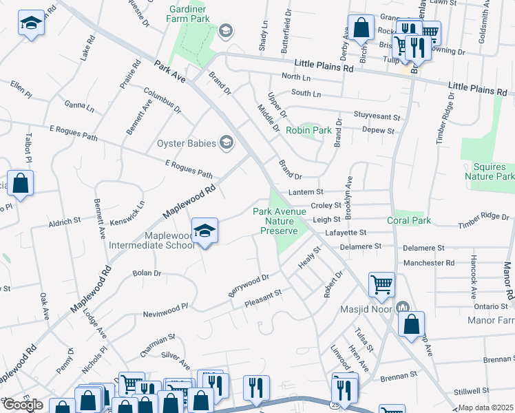 map of restaurants, bars, coffee shops, grocery stores, and more near 4 Andover Place in Huntington