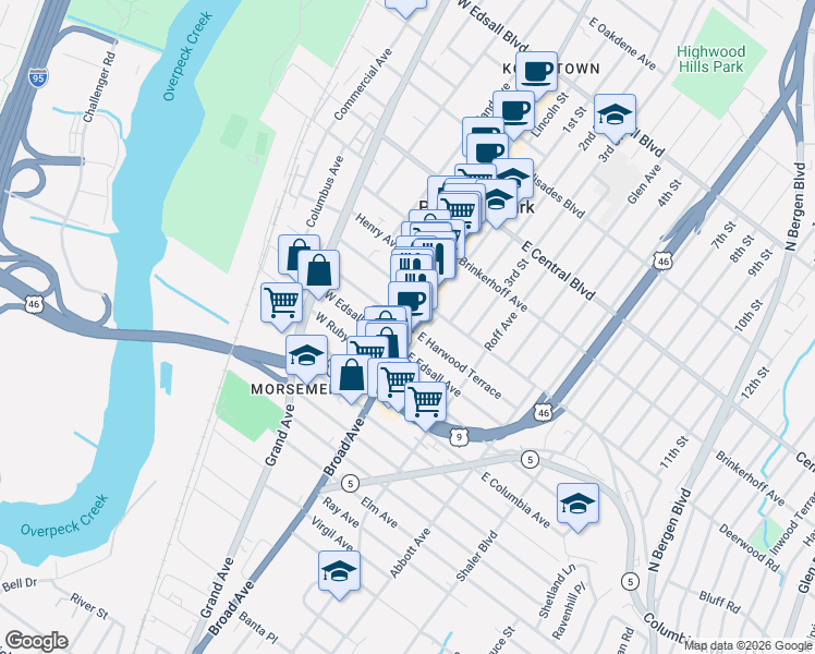 map of restaurants, bars, coffee shops, grocery stores, and more near 16 West Harwood Terrace in Palisades Park