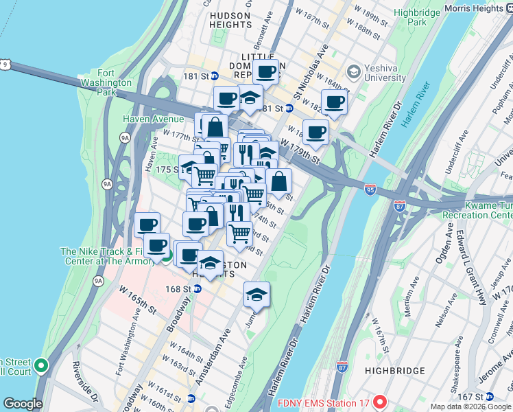 map of restaurants, bars, coffee shops, grocery stores, and more near in New York