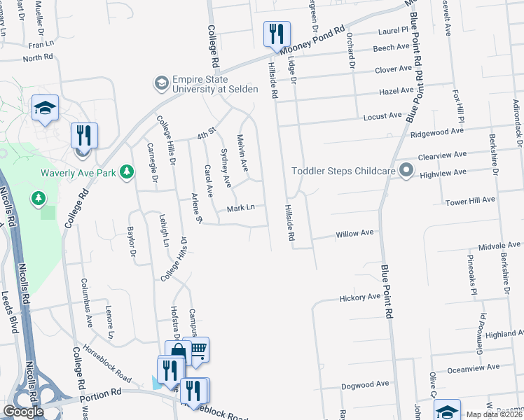 map of restaurants, bars, coffee shops, grocery stores, and more near 51 Roberta Avenue in Farmingville