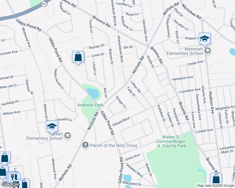 map of restaurants, bars, coffee shops, grocery stores, and more near 141A Nichols Road in Nesconset