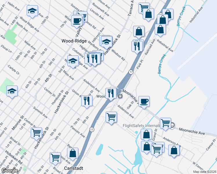 map of restaurants, bars, coffee shops, grocery stores, and more near 180 Woodridge Street in Wood-Ridge