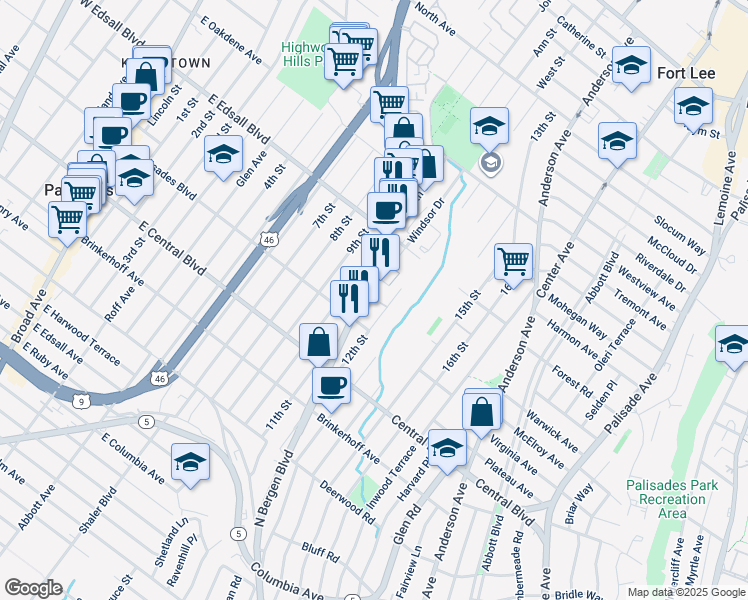 map of restaurants, bars, coffee shops, grocery stores, and more near 428 Bergen Boulevard in Palisades Park