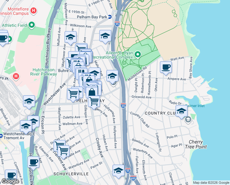 map of restaurants, bars, coffee shops, grocery stores, and more near 3105 Middletown Road in Bronx