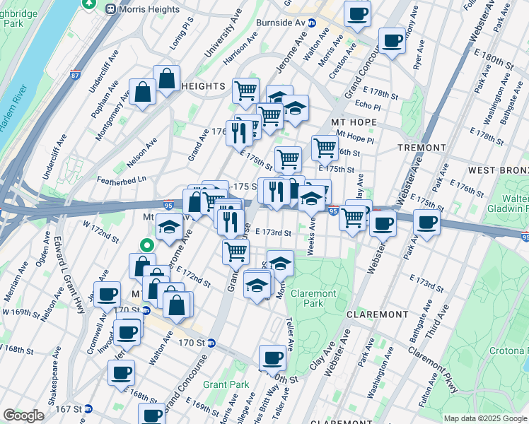 map of restaurants, bars, coffee shops, grocery stores, and more near 110 East 174th Street in The Bronx