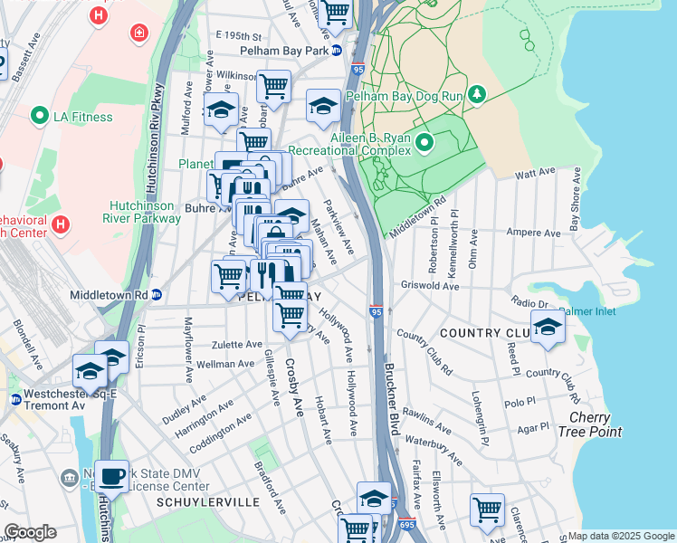 map of restaurants, bars, coffee shops, grocery stores, and more near 1501 Mahan Avenue in Bronx