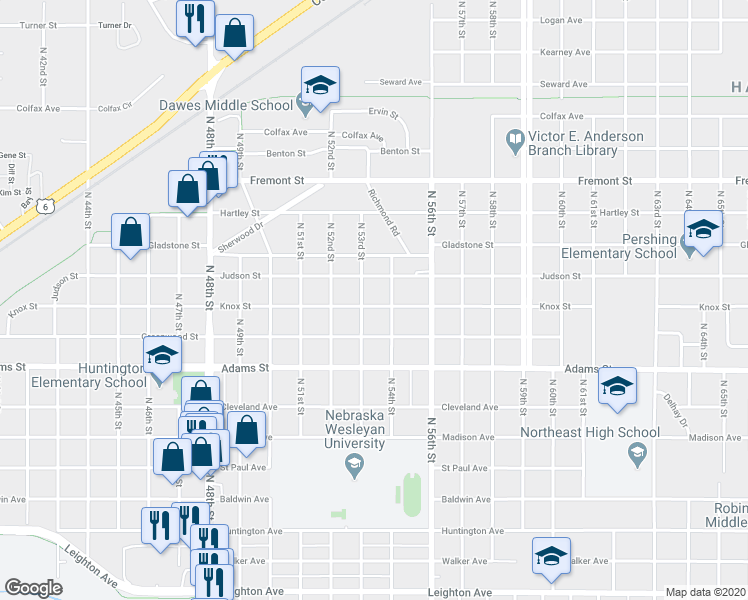 map of restaurants, bars, coffee shops, grocery stores, and more near 5318 Knox Street in Lincoln