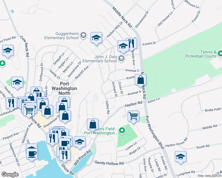 map of restaurants, bars, coffee shops, grocery stores, and more near 18 Orchard Street in Port Washington