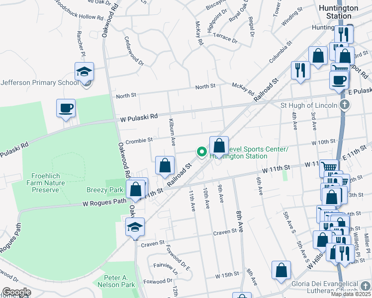 map of restaurants, bars, coffee shops, grocery stores, and more near 13 Manor Place in Huntington Station