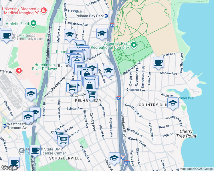 map of restaurants, bars, coffee shops, grocery stores, and more near 1522 Mahan Avenue in Bronx