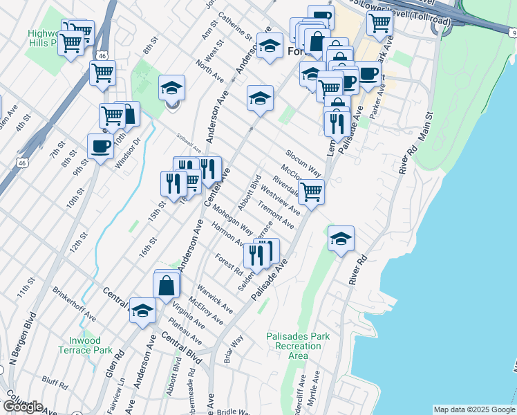 map of restaurants, bars, coffee shops, grocery stores, and more near 258 Tremont Avenue in Fort Lee