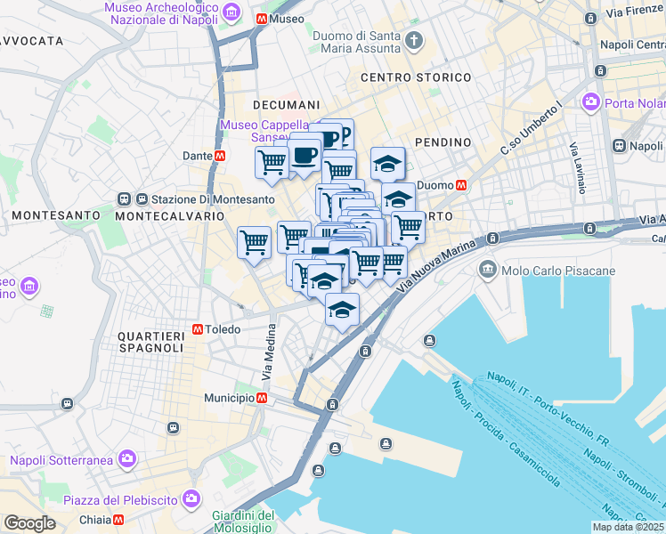 map of restaurants, bars, coffee shops, grocery stores, and more near 48-50 Via Sedile di Porto in Napoli