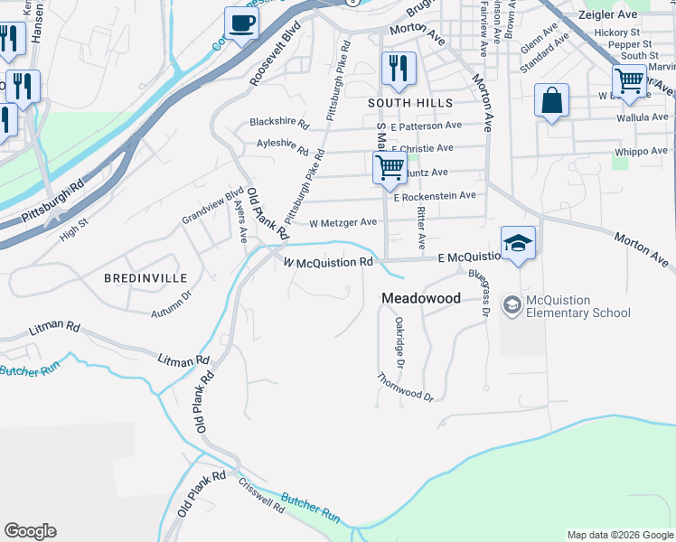 map of restaurants, bars, coffee shops, grocery stores, and more near 117 W Mcquistion Rd in Butler