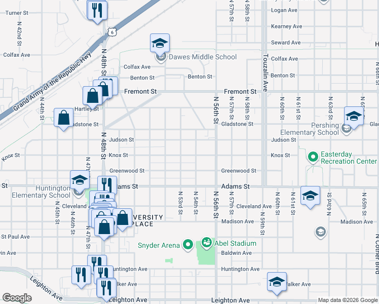 map of restaurants, bars, coffee shops, grocery stores, and more near 5336 Knox Street in Lincoln
