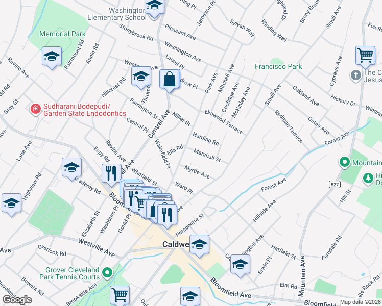 map of restaurants, bars, coffee shops, grocery stores, and more near 2 Marshall Street in West Caldwell