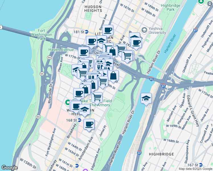 map of restaurants, bars, coffee shops, grocery stores, and more near 196 Audubon Avenue in New York