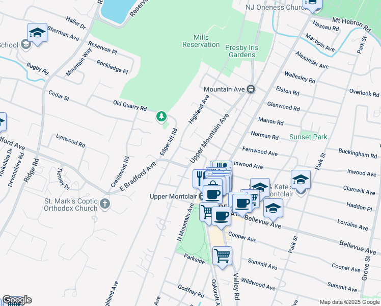 map of restaurants, bars, coffee shops, grocery stores, and more near 345 Highland Avenue in Montclair